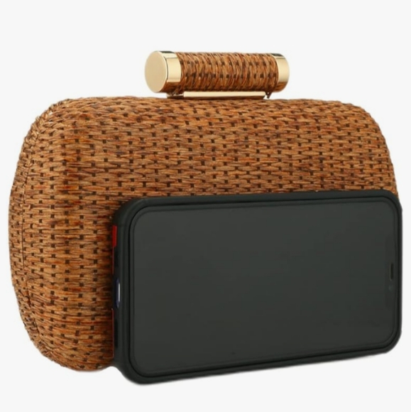 Rattan Hard Case Clutch Purse Brown Boho Woven Wicker Bag Crossbody Chain Strap - Picture 4 of 14